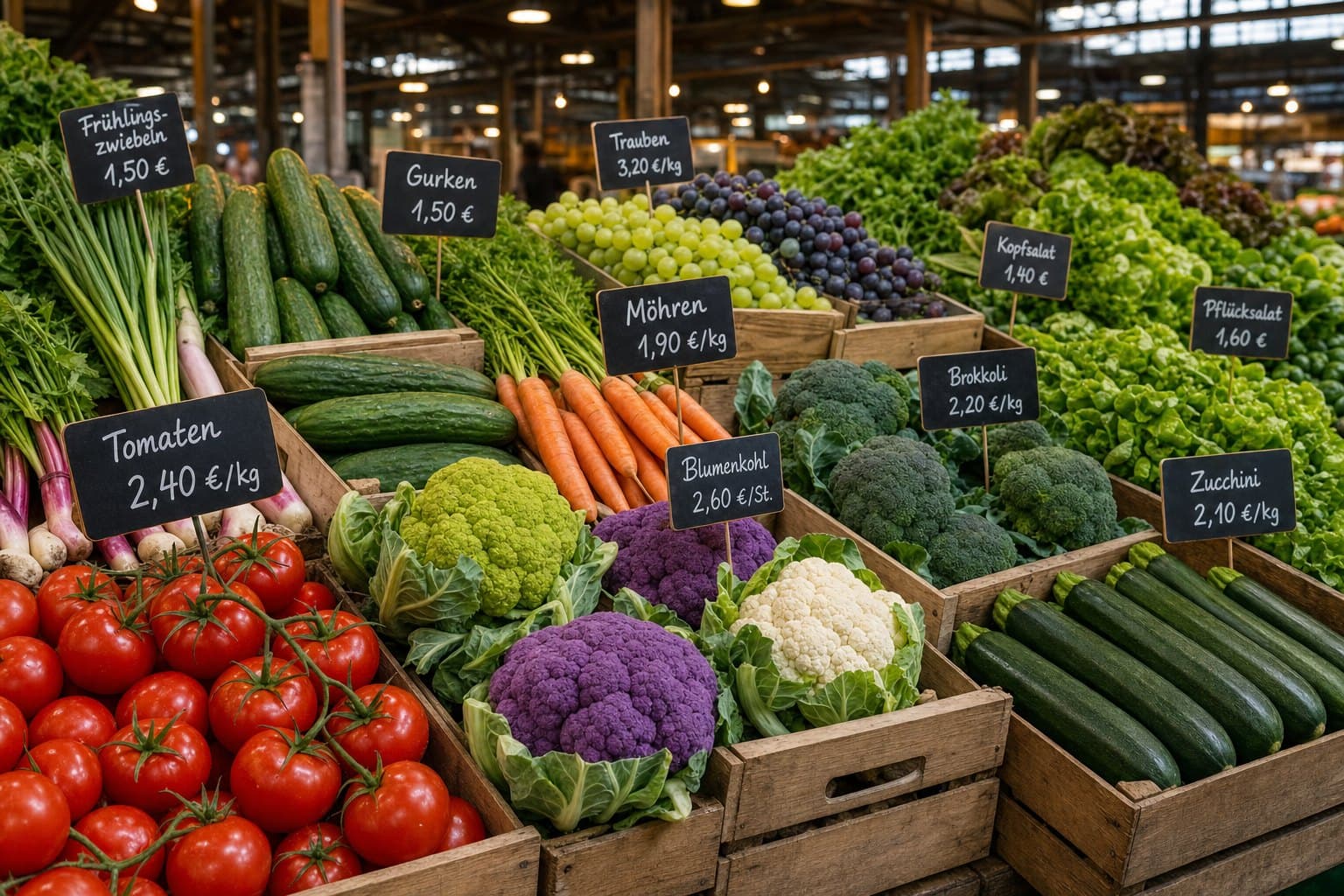 Marktstand mit Tomaten, Blumenkohl, Gurken, Möhren und Blattgemüse in Kisten